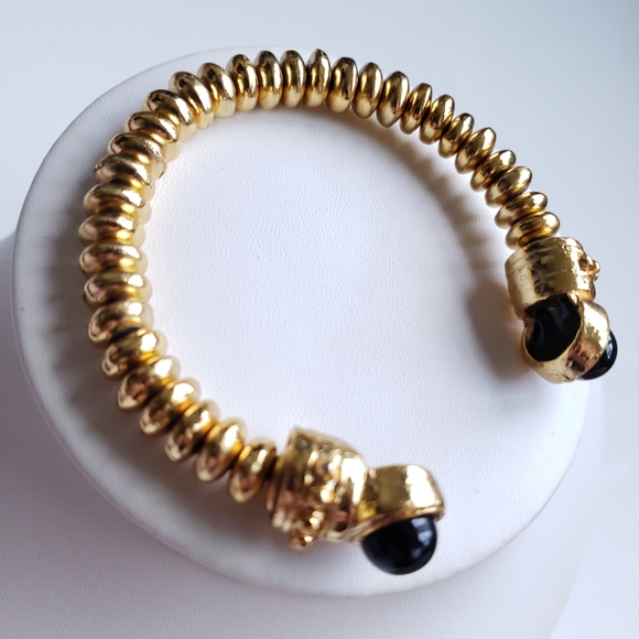 Chunky Vintage Yellow Goldtone Disc Cuff Bracelet w Black Glass Cabochons - Picture 4 of 16